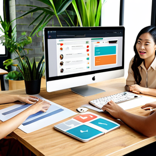 ** A diverse team of professionals collaborating on a website design, focusing on user experience (UX) and user interface (UI) principles. The setting should resemble a modern Vietnamese co-working space.

**